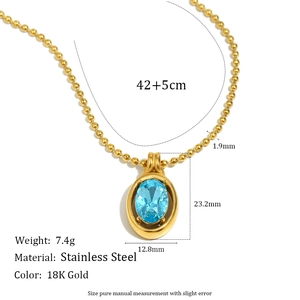 Stainless steel 18K gold bead chain necklace featuring a blue faceted oval pendant