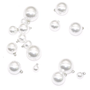 Polished white ABS imitation pearl pendants with silver metal loops in various sizes