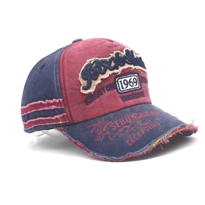 Retro washed denim baseball cap with RockSmith embroidery and distressed ripped details