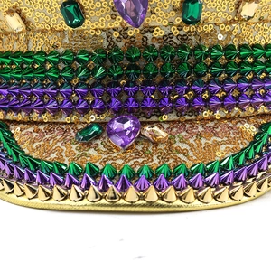 Sparkling gold sequin captain hat with vibrant rhinestones and metallic studs