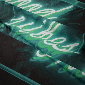 Macro shot of abstract smoke pattern and Wishes text on soft microfiber tapestry