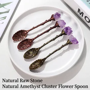 Vintage Stirring Spoon Natural Crystal Amethyst Flower Carved Retro Alloy Branch Handle Coffee Dessert Tableware