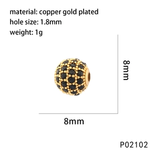 Detailed specs of 8mm gold plated copper bead with black zircon and 1.8mm hole