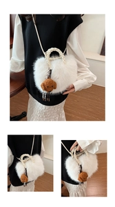 Detail showing the white plush faux fur texture and cute puppy charm on the handbag