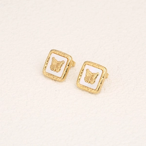 Elegant gold square stud earrings with white mother-of-pearl and butterfly relief