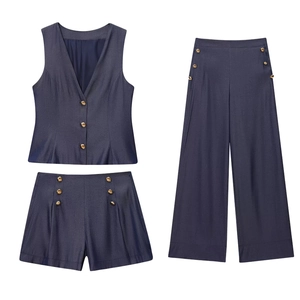 Gilet Sans Manches Pour Femmes Et Pantalon Large Taille Haute Et Short Bleu Marine Avec Boutons Dorés Tissé Business Chic