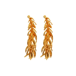 Elegant gold feather tassel earrings with layered wheat ear design on a white background