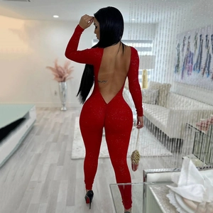 Sexy backless red jumpsuit for women with sparkly fabric and long sleeves for parties