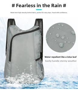 Waterproof high-density oxford fabric detail of a gray lightweight folding backpack