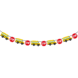 Welcome back school banner featuring yellow cartoon bus and red octagonal STOP sign designs