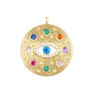 Detailed view of a gold evil eye pendant with colorful gemstones and radial texture