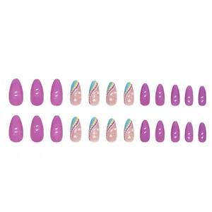 Pastel lavender stiletto fake nails with colorful wavy patterns and cute heart designs