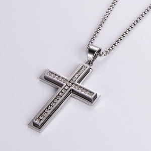 Polished silver stainless steel cross necklace with crystal pavé and circular chain