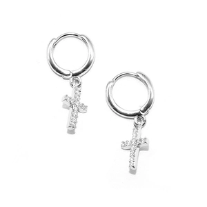 Silver hoop earrings with sparkling iced-out cross pendants for a hip hop streetwear style