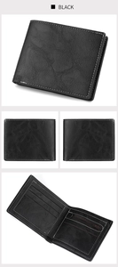 Close-up of black leather men's wallet with white stitching and zipper coin pocket