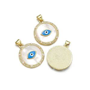 Gold plated evil eye heart pendant with mother of pearl shell and zircon stones