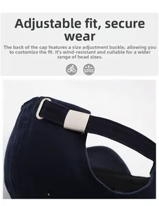 Detail of adjustable metal buckle on dark blue cotton baseball cap for custom fit