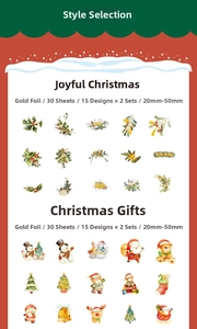 Détail des stickers de Noël en PET avec dorure à chaud et motifs vintage festifs
