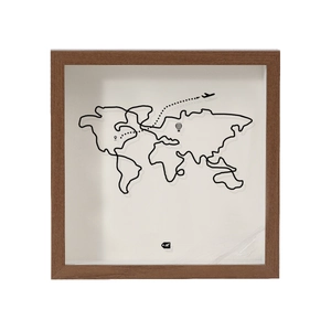 Detail of light wood frame and minimalist world map art for travel ticket storage