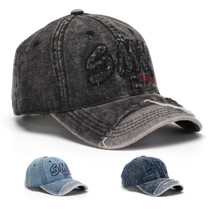 Distressed Washed Denim Baseball Cap With Letter Embroidery Vintage Peaked Hat For Men And Women Streetwear Adjustable