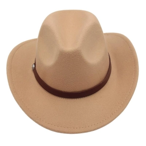 Detail of camel wool fedora with dark brown leather strap and silver metal buckle