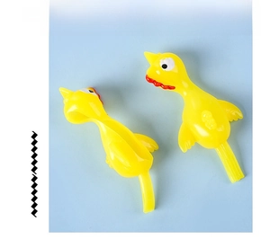 Top view of two yellow TPR slingshot chickens on a light blue background for kids