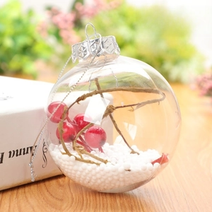 Detailed 8cm clear Christmas ball ornament with red berries and faux snow decor