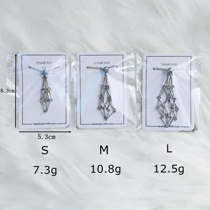 Detailed size chart showing S, M, L silver crystal net necklaces with weight information