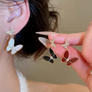 Elegant tiered butterfly earrings with sparkling cubic zirconia and colorful enamel finish