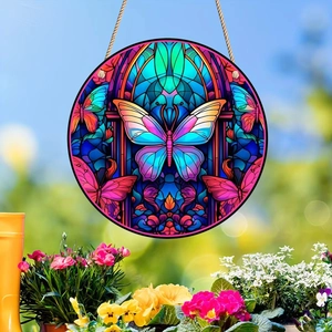 Pendentif de voiture rond en acrylique avec papillon coloré et style vitrail