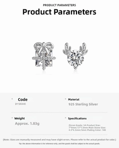 Detail view of S925 sterling silver reindeer and gift box stud earrings with zircons