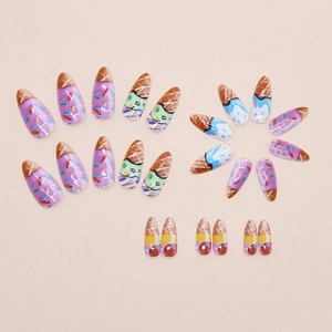 Sweet ice cream dessert themed press on nails with almond shape and colorful patterns