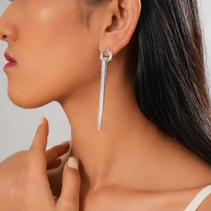 Close-up of elegant long silver tassel earrings with zircons on a model side profile
