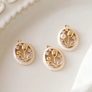 Tulip Flower Oval Charms Gold Plated Copper Zircon Enamel Faux Artificial Pearl Hollow DIY Jewelry Making Findings Retro Elegant