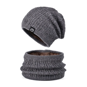 Women's winter knit beanie hat and neck warmer set with warm fleece lining in grey
