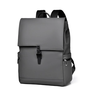 Minimalist grey matte leather business laptop backpack with black buckle closure