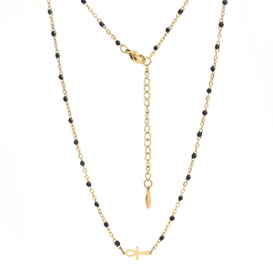Golden Ankh cross necklace with black faceted beads and adjustable chain on white background