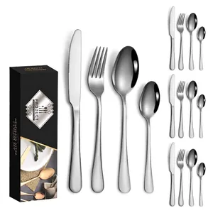 Detailed view of a 16-piece silver stainless steel cutlery set with mirror finish and box
