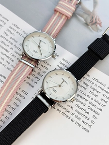 Minimalist quartz wristwatches for girls with pink striped and black canvas straps