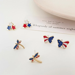 USA flag style star, butterfly and dragonfly earring set with red white blue enamel
