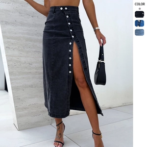 Jupe En Jean Taille Haute Pour Femmes Avec Boutons Et Fente Haute Streetwear Coupe Slim Style Crayon Long