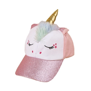 Pink and white unicorn kids baseball cap with gold horn and glitter brim for girls