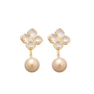 Gold-plated flower pearl drop earrings with sparkling cubic zirconia for a vintage look