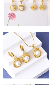 Detail view of 18k gold plated necklace and earrings with white pearl and green agate inserts