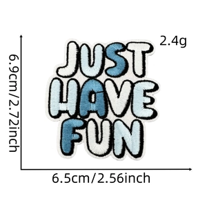 Just Have Fun embroidered letter patch in blue and white with size details on white background