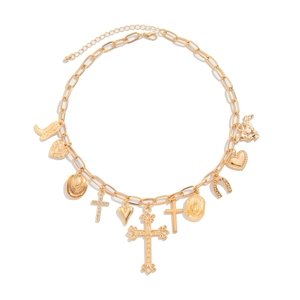 Gold bohemian link necklace with heart, cross, and cowboy boot charms on white background