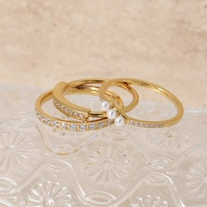Stainless Steel Ring Artificial Pearl Cubic Zirconia Inlaid Minimalist Geometric Elegant For Women