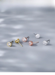 Three pairs of S925 sterling silver zircon stud earrings in gold, silver and rose gold