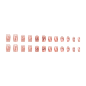 Cute pink gradient press-on nails set with hand-painted heart and cloud patterns