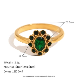 18K gold plated stainless steel ring with emerald gemstone and diamond accents